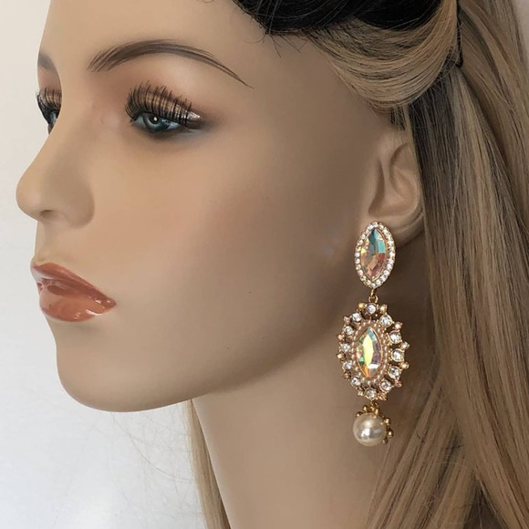 Luxurious Faux Pearl Zircon Large Statement Earrings 18k Gold Plated - Picture 6 of 8